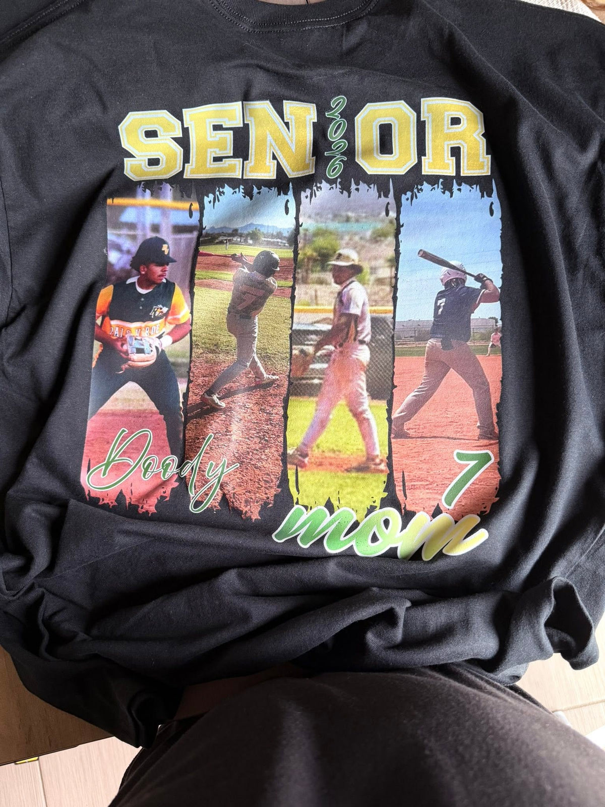Custom Senior Mom 2026 photo shirt with baseball photos, name, and number